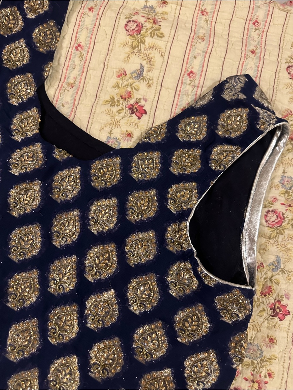 Handmade Ethnic Royal Blue Gold Beaded Indian Tunic Kurti Dress Top M/L Medium - Picture 4 of 8